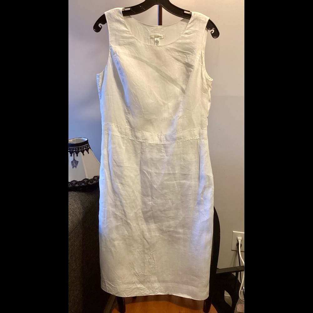 S White Elegant Fine Linen Day Dress Brooks Bros Straight Sleeveless Column
